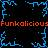Black background with blue pixelated lightning-like patterns and repeated orange text reading "Funkalicious" in two horizontal bands.