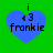 Four identical blue heart-shaped icons with black text and symbols on a green background, each containing 'i', '<3', and 'frankie' in pixelated font.