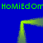 Green text reading "HoMieDOrt" repeats horizontally across a blue background, with a yellow-green gradient line forming an open rectangular shape.