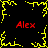 Yellow pixelated border with four red 'Alex' texts on black background, central yellow starburst pattern.