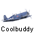 A 4x4 contact sheet of a blue military aircraft animation with four distinct frames showing sequential motion, each frame repeated across the grid and labeled "Coolbuddy" below.