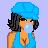 Pixelated icon of a person with dark hair wearing a blue head covering and sleeveless top, facing right against light purple background.