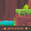 Pixel art scene with a green snail on mossy rock, blue water, and brown tree trunks in background.
