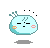 Pixelated light blue character with teal antennae, pink cheeks, and black eyes showing sequential expressions including closed eyes, open mouth, and tears.