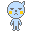 Pixelated character with light blue body, yellow cheek patches, and gray limbs; three states show closed eyes, open mouth, and a single blue tear on right cheek.