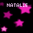 Black background with pink and magenta stars of varying sizes, three instances of the text 'NATALIE' in white pixelated font scattered across the image.