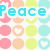 Pixelated icon with pastel circles and hearts, displaying 'Peace' in cyan, 'Love' in green, and 'Happiness' in pink text.