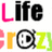 Pixelated text 'Life' in pink and black above 'Frogs' with a play button symbol replacing the 'o', using yellow, white, green, and red colors.