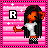 Pixel art of a character with long black hair and orange skin, wearing a white shirt and checkered shorts, standing against a pink striped background with white stars.
