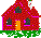 Pixelated red house with orange door, green grass base, and white chimney flag; windows change from dark to yellow across frames.