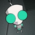 Pixelated white skull with large turquoise eyes and a small pink nose, set against dark gray background.
