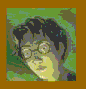 Pixelated image of a person with dark hair and glasses against green background, next to blue text on brown background.