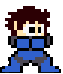 Pixel art character in blue and gray outfit with brown hair, shown across four sequential poses on a gray background.