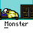 Animated contact sheet showing 22 sequential frames of a pixel art monster character interacting with a bed and wardrobe in a room, displayed as a grid of 5x5 panels with one empty space.