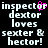 Pixelated text displays 'inspector dextor loves sexter & hector!' with a pink heart replacing the 'o' in 'inspector', repeated side-by-side on black background.