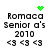 Pixelated text displays 'Romaca Senior a's 2010' with three '<3' symbols, accompanied by green pixel clusters in different positions across frames.