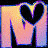 A 48x48 pixel animated buddy icon featuring two heart-shaped cutouts within stylized 'M' letters, transitioning from warm yellow-orange to cool blue-purple gradients across frames.
