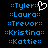Blue pixelated text names on black background with one heart-shaped icon above Tyler's name, all in a