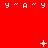 Red background with white pixelated text and symbols forming a repeating pattern that animates through three states showing different symbol placements.