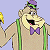 Pixelated cartoon character with green suspenders and purple bow tie holding a yellow object against light blue background, next to green text reading "Original Icons .com" on dark green background.