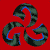 Six identical triskelion symbols arranged in two on a solid red background, each with dark green and blue outlines