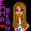 Pixelated static image of a cartoon-style female character with long blonde hair and dark eyes, wearing a white top with blue accents, standing against a dark background with purple text on the left side.