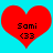 Two identical red heart shapes on a cyan background with black text reading "Sami" and "<33" inside each heart.