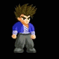 Pixelated character in blue jacket and gray pants performing multiple actions against black background, including standing, jumping, and lying prone.