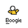 Two side-by-side animated frames of a yellow stick figure with white head and black outline against gray background, each labeled "Boogie" below.