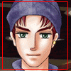 Pixelated character portrait with purple beanie, red-brown hair, green eyes, and gold earring, framed by red border on left and yellow border on right.