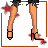 A 13-frame animated contact sheet of a pixel-art doll icon with red star accents, showing sequential frames from legs to full body and text phrases.