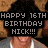 A pixelated image of a person with dark curly hair wearing a gray tank top, overlaid with text reading 'HAPPY 16TH BIRTHDAY NICK!!!' on the left side.