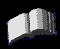 A grayscale animated sequence of an open book with pages flipping through various states, viewed from a consistent angle against black and gray backgrounds.