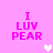 Pixelated pink text "I LUV PEAR" on a solid pink background with white pixel hearts appearing and disappearing in different positions.