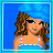 Pixelated icon of a woman with brown curly hair wearing blue headscarf and top, standing against solid blue background.
