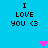 Blue background with black text "I LOVE YOU <3" and two pixelated hearts, one pink and one purple, in different positions across frames.