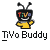 Pixelated static icon of a TV-shaped mascot with antennae, yellow body, and rainbow-colored 'TIV' text on screen, below which is the text 'TiVo Buddy'.