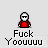 Pixel art character in red shirt with white helmet, multiple poses including raised arm and weapon hold, text 'Fuck Yooouuu' below each icon.