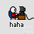 Pixel art of two cartoon figures sitting at a desk with computers, one figure's head and body position changes across frames while text below reads 'haha' in lowercase.