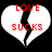 Two identical pixelated heart icons with black cracks, red text reading LOVE and SUCKS on white backgrounds against a black backdrop.