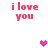 Pixelated pink text 'i love you' appears in four positions with two heart symbols on a white background.