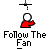 Pixelated figure in red shirt with white head, performing sequential arm movements above text reading Follow The Fan on gray background.