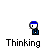 Pixelated character with blue headband and dark blue shirt in multiple states including thinking, lightbulb, and speech bubbles.