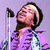 Pixelated image of a person with long hair wearing a purple jacket and headband, standing next to a microphone on a stand against a light purple background with large purple text reading "Jimi Hendrix".