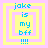 Four identical pixelated squares with layered yellow and pink borders, each containing blue text reading "joke is my bff !!!!" in a retro digital style.