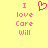 Yellow background with pink pixelated text 'I love Care Will' and a pink heart symbol above the text.