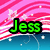 Animated icon with pink and white striped background, blue lower section, green text reading "Jess Was Here!" in sequence across frames.