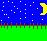 Pixelated night scene with blue starry sky, green grassy field, and yellow crescent moon on right.