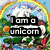 A colorful cartoon unicorn under a rainbow with text "I am a unicorn" on the left, and a purple butterfly with text "Emily is my butterfly" on the right.
