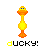 Pixelated duck icon with orange beak, blue eyes, yellow body, and orange feet; text 'ducky!' below in black letters with one yellow character per frame.